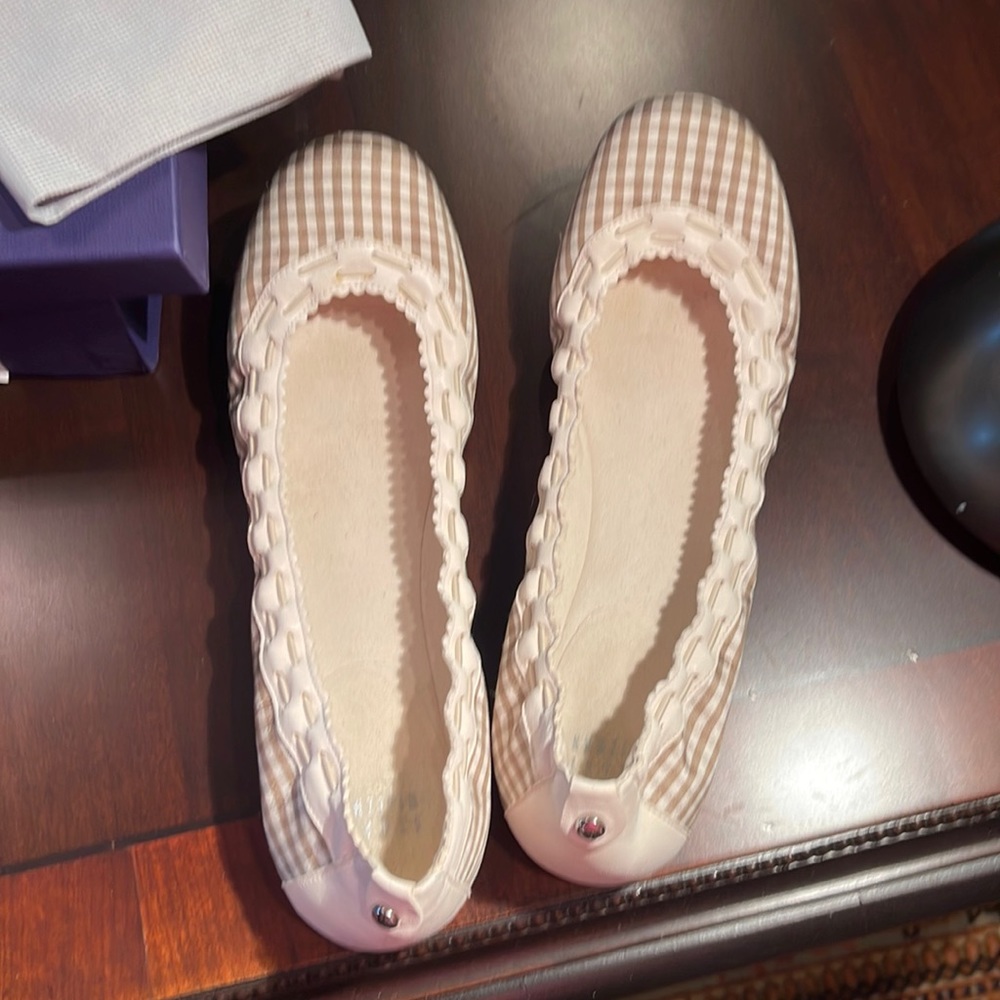 Stuart Weitzman gingham flats. Worn once. With bag and box; pristine